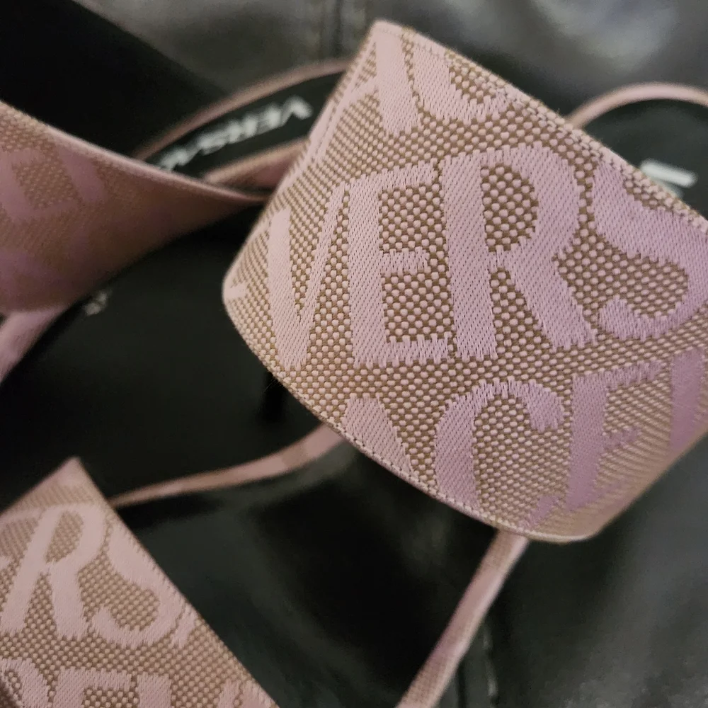 Versace Allover Logo Jacquard Pink Square Open Toe Heel NEW - Picture 3 of 11